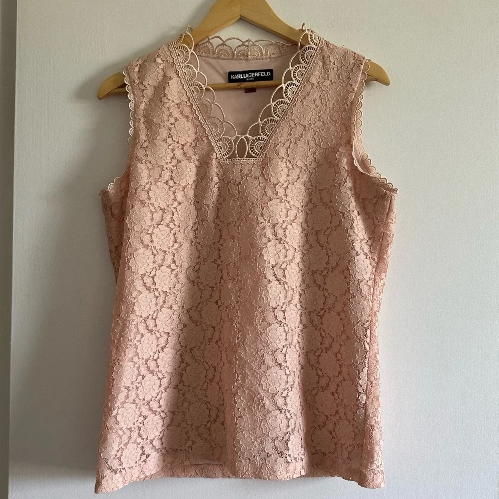 Karl Lagerfeld Paris Light Pink Lace Eyelet Designer Tank Top Size Medium EUC - Picture 2 of 10